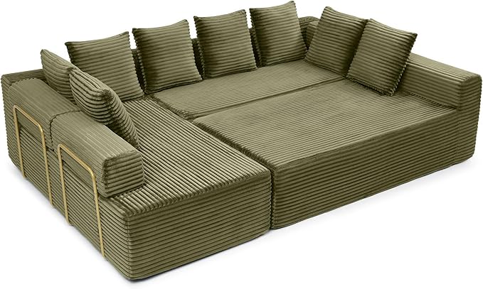 Oversized Cloud Boneless Couch with Chaise 145 Modern U Shape Modular Deep Seat Sectional Sofa Comfy Corduroy Upholstered Couches for Living Room No Assembly Required Green