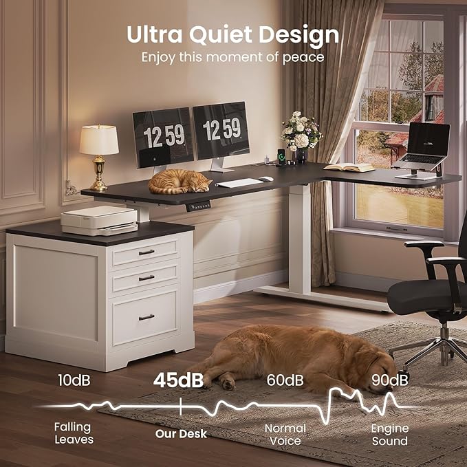 SEDETA Farmhouse L Shaped Electric Standing Desk 70.9 x 39.4 Height Adjustable Office Executive Desk with 3 Drawers Standing Computer Desks with Power Outlet for Home Office White