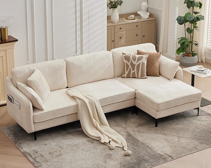 LSSBOUGHT 110 Sectional SofaL Shaped Sofa with Movable Ottoman Chenille Fabric 3 Seat Modern Couches for Living Room Apartment and Small Space (Beige)