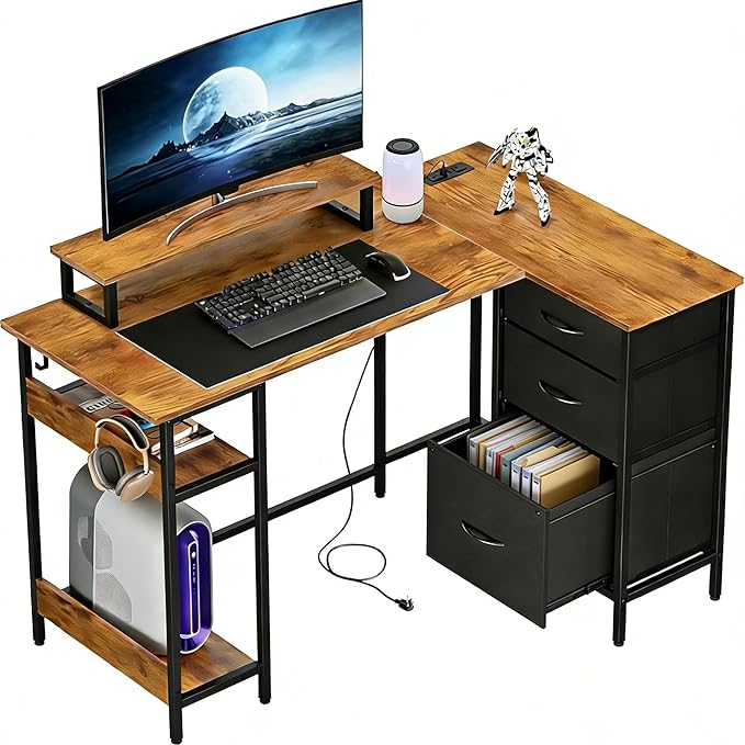 DEVAISE L Shaped Desk with Drawers and Storage L Shaped Office Desk with Power Outlets CPU Stand Monitor Stand Gaming Table with LED Light Corner Desk for Home Office (Rustic Brown 48*31 Inch)