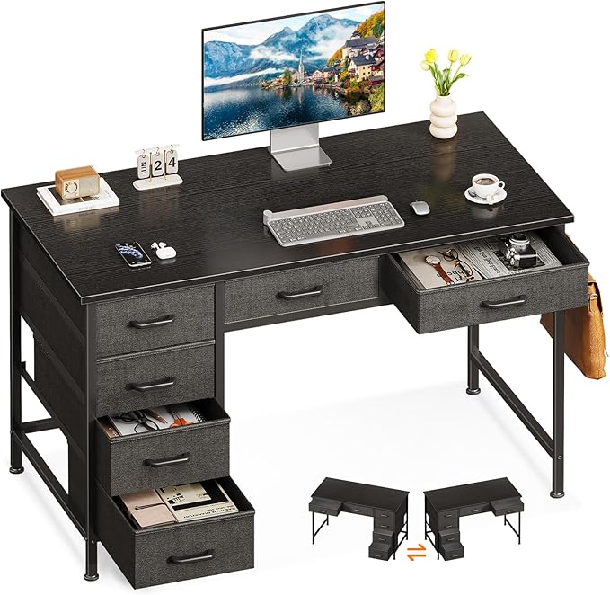 ODK Computer Desk with 6 Drawers 40 Inch Small Desk with Storage Reversible Desk with Headphone Hook for Home Office Work Study Table for Bedroom Black