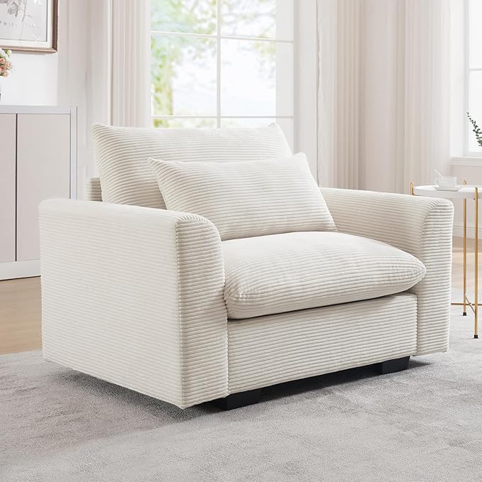 Oversized Modular Sectional Sofa 51 Inch Single Seat Sofa Corduroy Deep Seat Comfy Couch Armchair with Waist Pillow for Living Room Apartment Beige