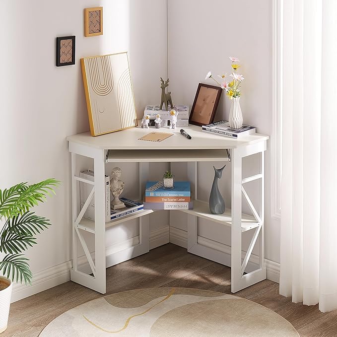 VECELO Corner Desk Computer Desk Writing Table with Smooth Keyboard Tray &amp Storage ShelvesCompact Home Office Triangle TableWhite