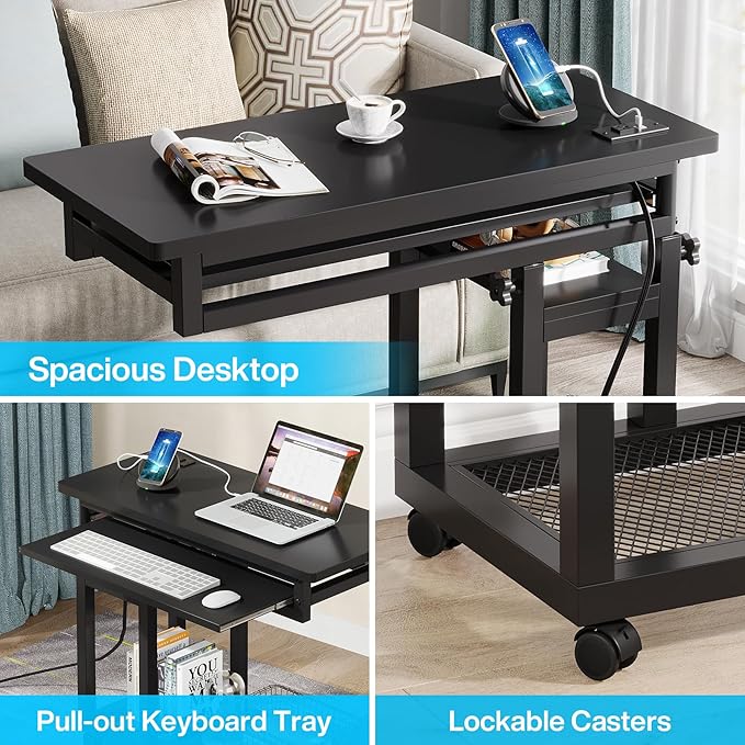 Tribesigns Small Portable Desk with Power Outlet Height Adjustable Sofa Couch Bedside Laptop Table with Wheels Mobile Standing Desk Rolling Computer Cart C Side Table with USB Ports