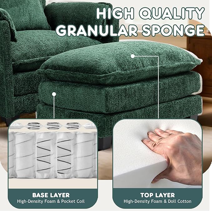 Accent Chair Comfy Oversized Sofa Sleeper Chair with Ottoman Modern Deep Seat Single Sofa Couch for Living Room Bedroom Study Balcony (Chenille Dark Green)