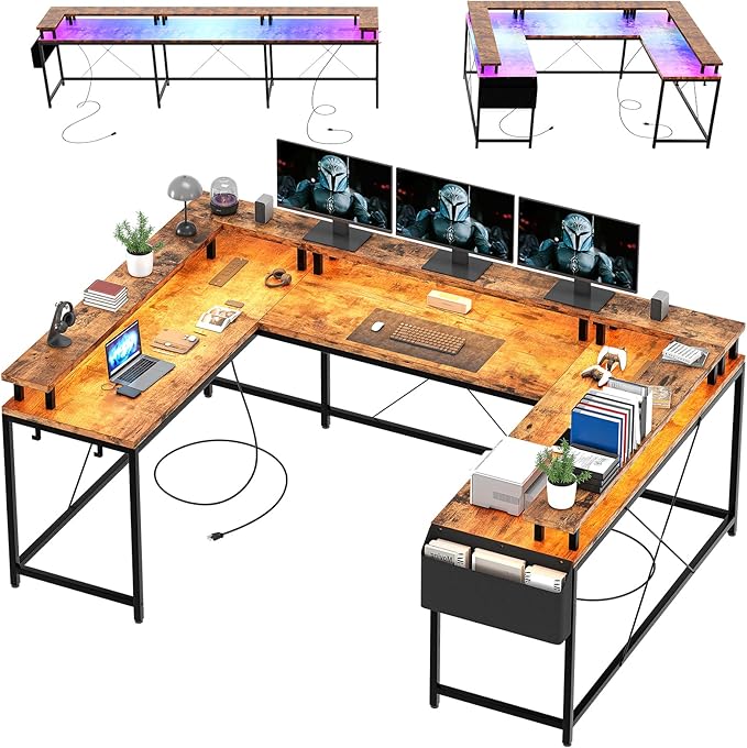 78 Inch Large Computer Desk with Power Outlets &amp USB Ports u Shaped Corner Desk with RGB LED Lights Monitor Stand &amp Storage for Home and Office Brown