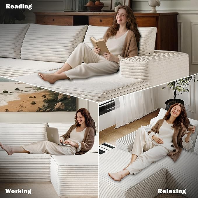 Oversized Corduroy Sectional Boneless Couch 108 W L Shaped Modular Sectional Sofa with Chaise/Ottoman No Assembly Required Compress Couches for Living Room (White 3 Seater+Left Chaise)