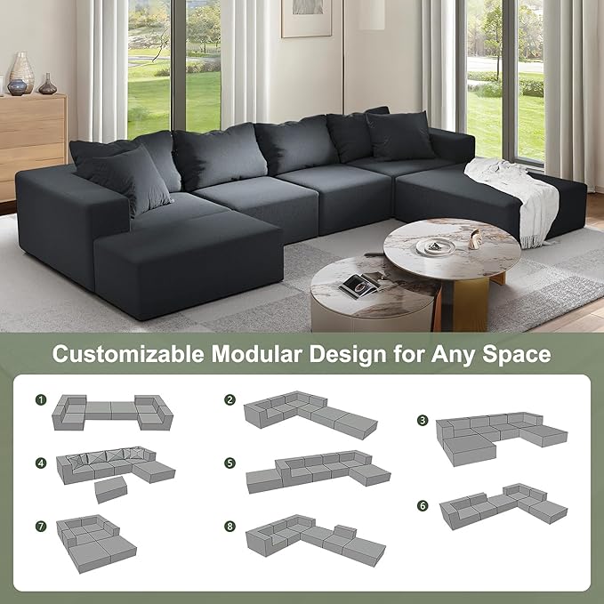 132 Modular Sectional Sofa Cloud Couch Sectional Modern Chenille Upholstered L-Shaped Sofa Set with 6 Pillows Deep Seat Comfy Couch for Living Room Free Combination No Assembly Required (Black)