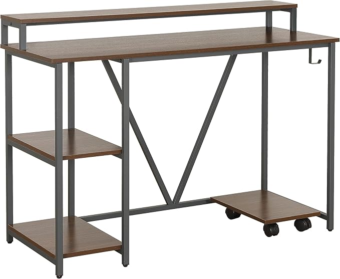 Techni Mobili Computer Desk - Industrial Writing Desk with Storage Shelves Monitor Stand &amp Accessory Holder - Home Office Laptop Computer Table with CPU Caddy &amp 2-Tier Small Bookshelf Space