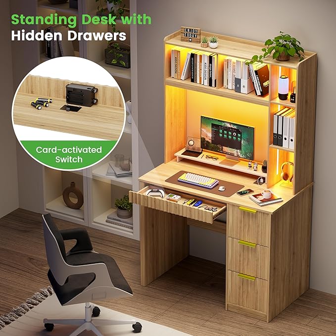 HNEBC Home Office Desk with Hutch and Drawers - 39 Standing Computer Desk with Charging Station&amp3 Color LightsHidden Compartment &amp Fluted Panel Design LED Writing Desk for Bedroom Study (N