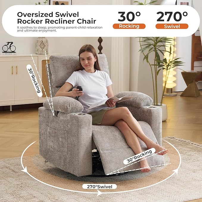 Power Recliner with Adjustable Armrests Rocking Chair Nursery with Massage and Heat Electric Glider Recliner Nursing Chair for Breastfeeding Swivel Rocker Recliner Chenille Light Grey