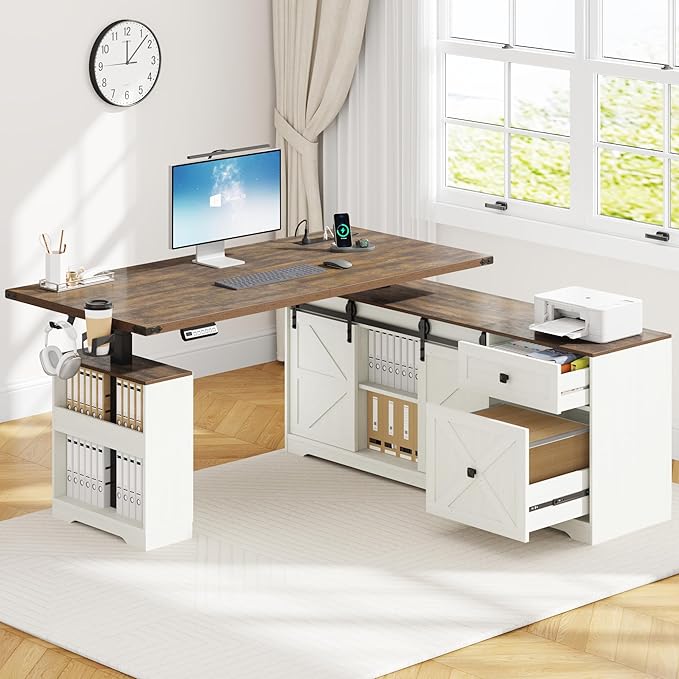 63 Farmhouse Electric Standing Desk Adjustable Height Sit Stand Corner Stand Desks L Shaped Standing Computer Desk with Power Outlets &amp Storage Drawers &amp Sliding Door for Home Office White