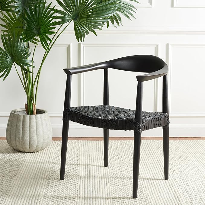 SAFAVIEH Home Collection – Wade Black Teak Wood Arm Chair with Woven Leather Web Seat Fully Assembled Mid-Century Modern Accent Chair (FOX1003B)