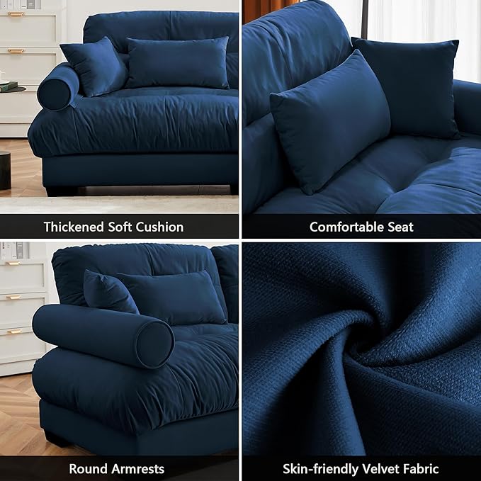 Setawix Velvet Cloud Sofas Couches for Living RoomModular Sectional 3 Seater Sofa Couch with Deep SeatOversized 3 Seat Sofa with Pillows for BedroomOffice(Blue)