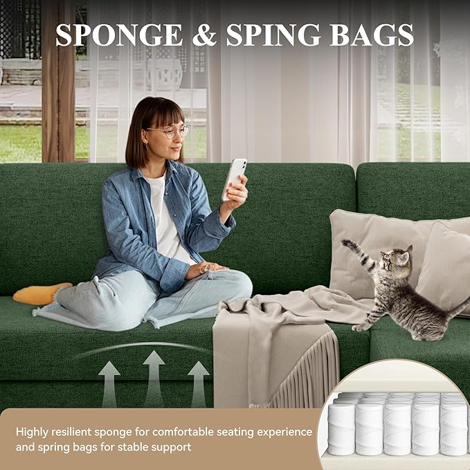 110 U-Shaped Sectional Sofa Couch for Living RoomModern Modular Sofa with Double ChaiseClassic Lounge Couch Sleeper for Apartment Green Linen