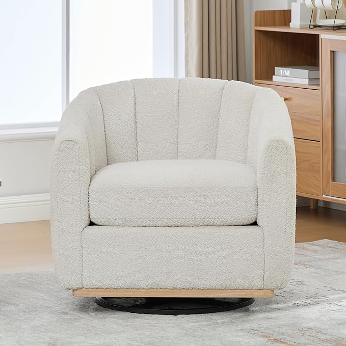 32.3 Ivory Swivel Accent Chair Wide Curved Backrest Thickened Upholstered Accent Chairs for BedroomComfortable ArmchairModern Swivel Chairs for Living Room