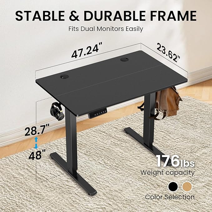 Hexago Electric Standing Desk 48 x 24 Inch Height Adjustable Sit Stand Desk with Memory Presets T-Leg Frame Dual Hooks Cable Hole Ergonomic Computer Desk for Home Office –Black