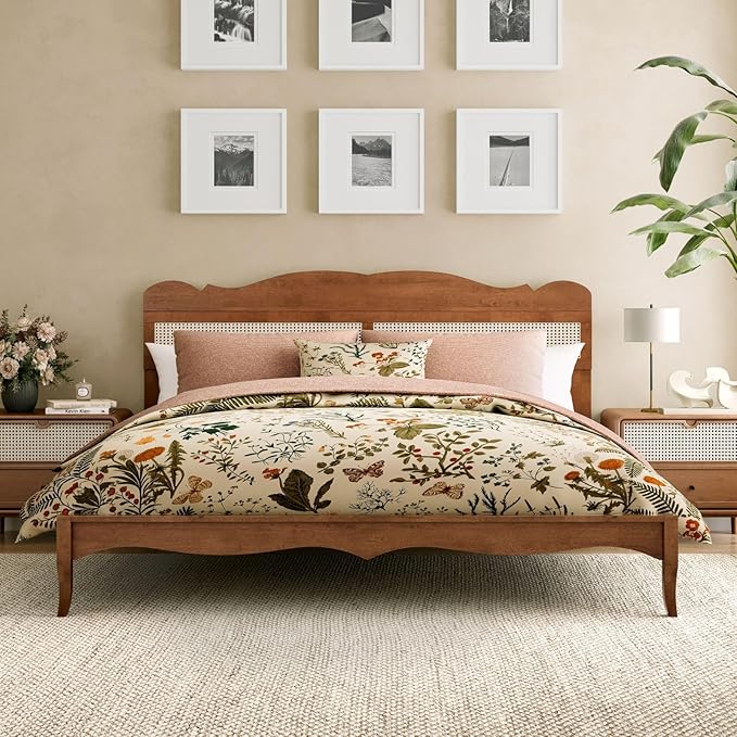Sophia &amp William Wooden Bed Frame KingRattan King Bed Frame with Adjustable Headboard Solid Wood Slats Support No Box Spring NeededBrown