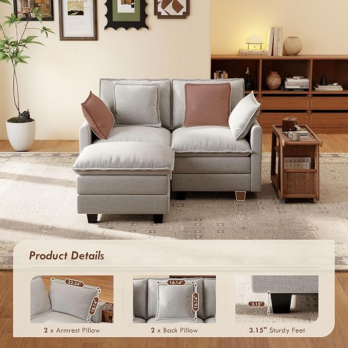 Ihanherry 57 L Shaped Modular Sectional Cloud Sofa Modern 3 Seat Chenille Couch with Ottoman for Living Room Bedroom and Apartment Grey