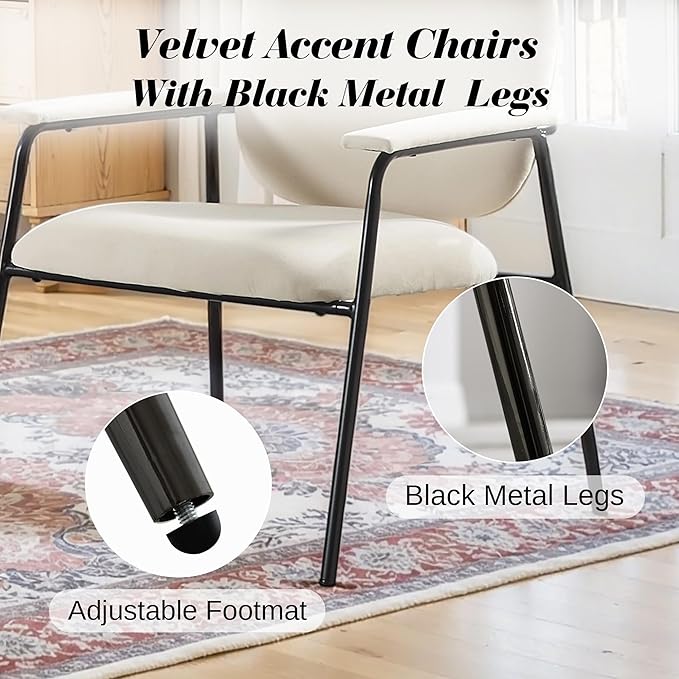 Accent Chair Set of 2 Velvet Upholstered Armchair Reading Side Chair Comfy Living Room Chair with Black Metal Legs for Bedroom Waiting Room Beige