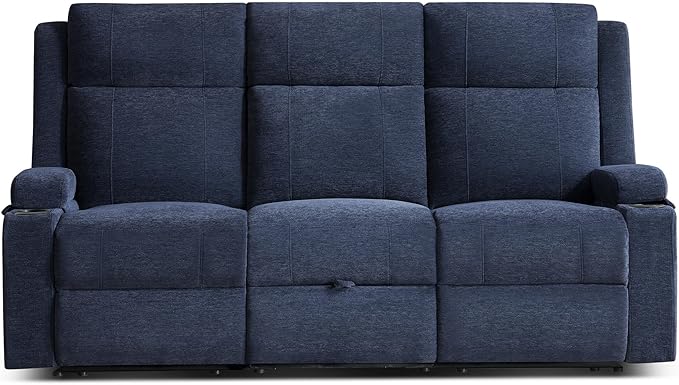 Large Manual Reclining Sofa 3-Seater Chenille Recliner Couch with Cup Holders Wide Seat Easy Assembly &amp Spill-Resistant Fabric Cozy Reclining Sofa for Living Room Apartment RV Blue