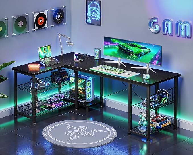 Casaottima 51 Inch L Shaped Gaming Desk with Shelves &amp Power Outlets Reversible Computer Desk with Storage Shelves for Home Office Black