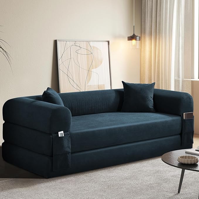 KBQ 3-Seat Convertible Sleeper Sofa Bed with 2 Pillows Corduroy Folding Mattress Couch Floor Sofa Lounge Couch for Living Room Bedroom Lounge Studio Navy Blue