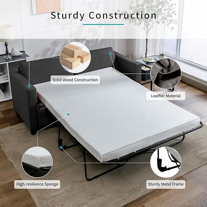 BALUS 79 W Queen Size Pull Out Sofa Bed 2-in-1 Convertible Sleeper Couch with Fold Out Mattress Modern Faux Leather Sleeper Sofa for Living Room Apartment Includes 2 Bolster Pillows - Dark Grey