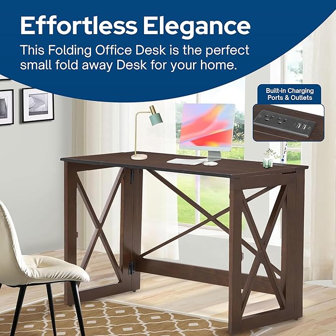 MECO Stakmore 110 Volt Stylish Versatile Expandable Folding Desk with Built in Outlets for Home Office Den or Living Room Espresso