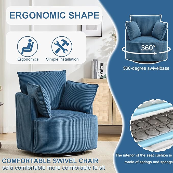 Swivel Accent ChairSwivel Barrel ChairBlue Swivel ChairUpholstered Living Room Chair Corduroy Reading Chair Single Sofa Chair for Bedroom Apartment Office(Modern Blue)