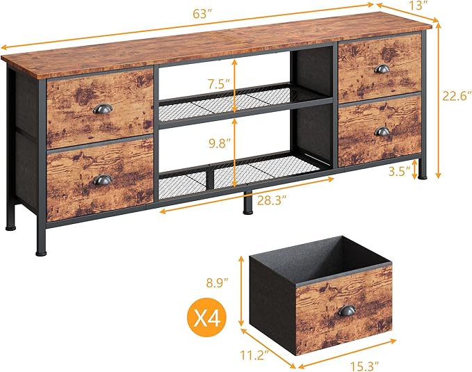 Furologee TV Stand Dresser with 4 Drawers 63 Inch Entertainment Center with Open Shelves Media Console Table for 6570 Inch TV Television Stand for Bedroom Living RoomRustic Brown