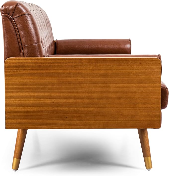 Christopher Knight Home Adelaide Mid-Century Modern Tufted Sofa with Rolled Accent Pillows Cognac Brown Dark Walnut and Gold
