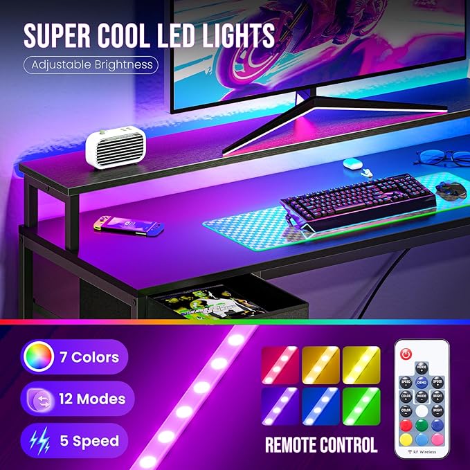 DUMOS 53” Gaming Desk with USB Charging Ports &amp LED Lights Reversible L Shaped Desks Computer Corner Gamer Table with Power Outlets Monitor Stand Storage Shelves for Home Office Small Space Blac
