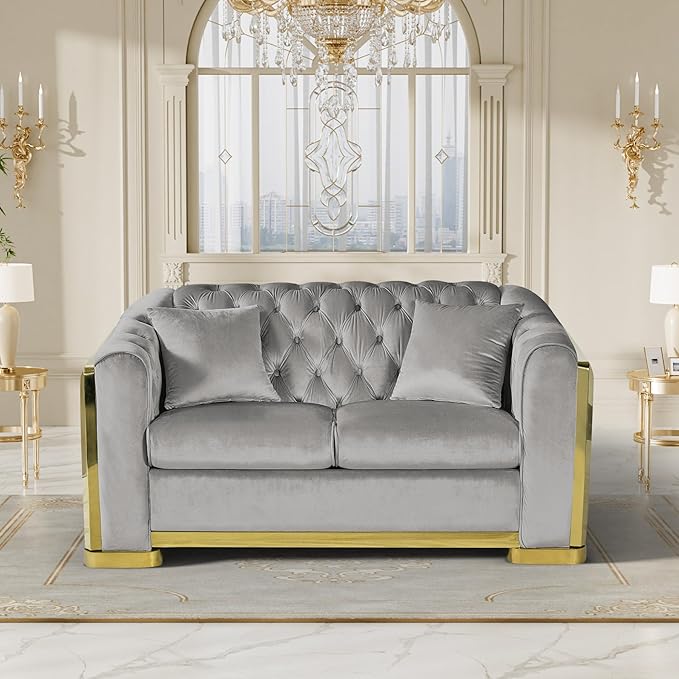 Mid Century Modern Chesterfield Sofa Couch 62 Velvet Couch Grey and Gold Sofa Luxury Curved Loveseat for Living Room 2 Seat Tufted Sofas with 4 Pillows &amp Classic Gold Legs Grey