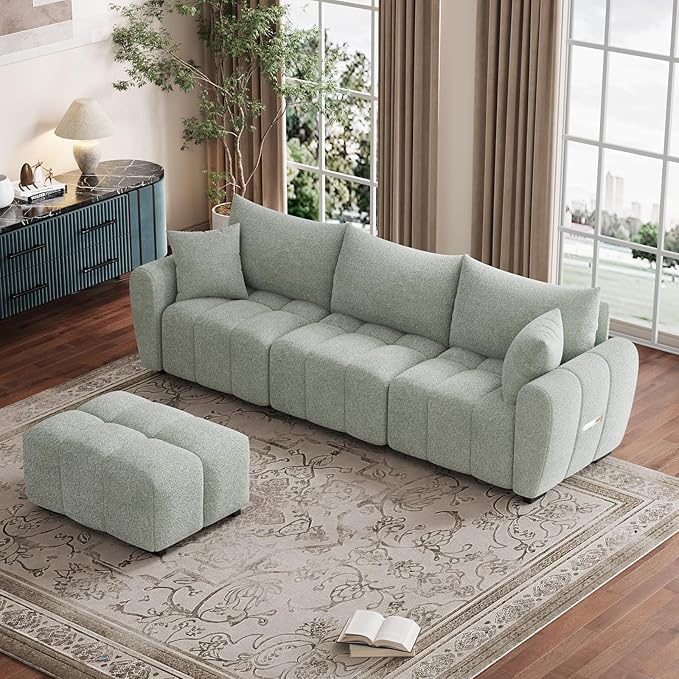 110 L Shaped Modern Boucle Sofa Modular Sectional Cloud Couch with Ottoman Tufted 4-Seat Deep Seat Sofa with Pillows for Living Room Bedroom and Apartment Light Green