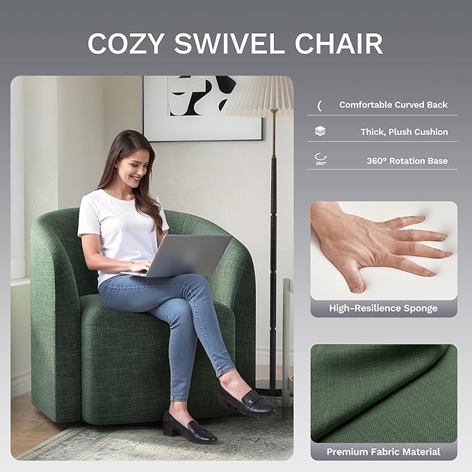 COLAMY Swivel Accent Chair Modern Barrel Round Chair Upholstered Comfy Living Room Chair with Armrest Armchair for Reading Room/Bedroom/Waiting Room/Office No Assembly Green