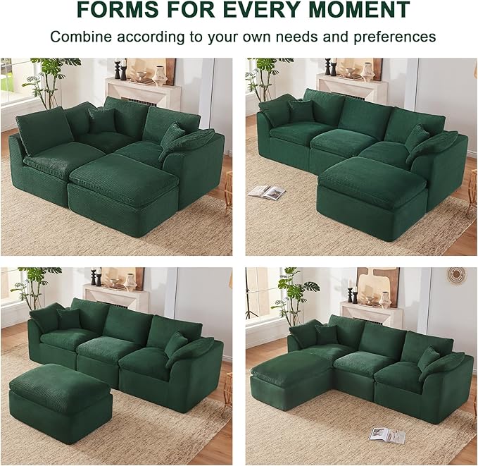 112 Cloud Sectional Couch Boneless couches for Living Room L Shaped Couch with Convertible Ottoman Modular Sectional Sofa with Deep Seat Comfy Soft Cushions No Assembly Green