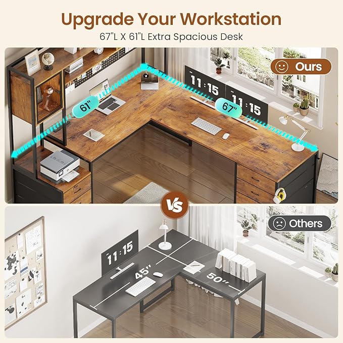 SEDETA L Shaped Gaming Desk with 6 Drawers Reversible Computer Office Desk with File Drawer Hutch Storage Shelves Gaming Corner Desk with Led Lights Power Outlet for Two Person Rustic Brown