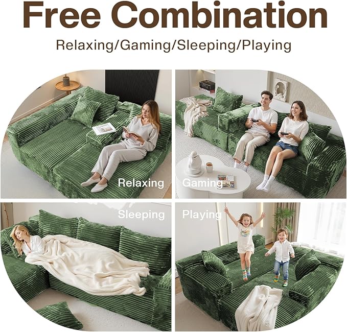 Modular Sectional Sofa Boneless Cloud Couch with Chaise Lounge 4-in-1 Flexible Combination Faux Rabbit Fur &amp Layered Cushion Deep Seat No Assembly (Green Left Facing Chaise)