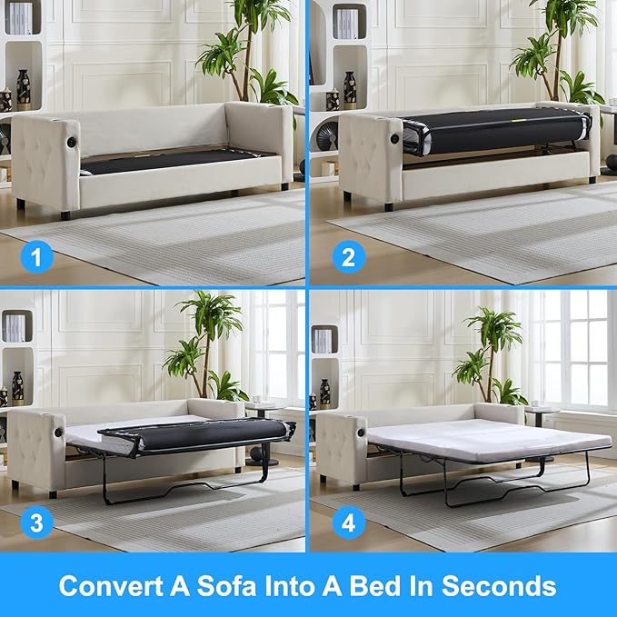 PUREMIND Queen Pull Out Sofa Bed 2-in-1 Velvet Sleeper Sofa with USB &amp Cup Holders 67 Sleeper Loveseat Couch Bed with Folding Mattress Pull Out Couch for Living Room Small Spaces Beige