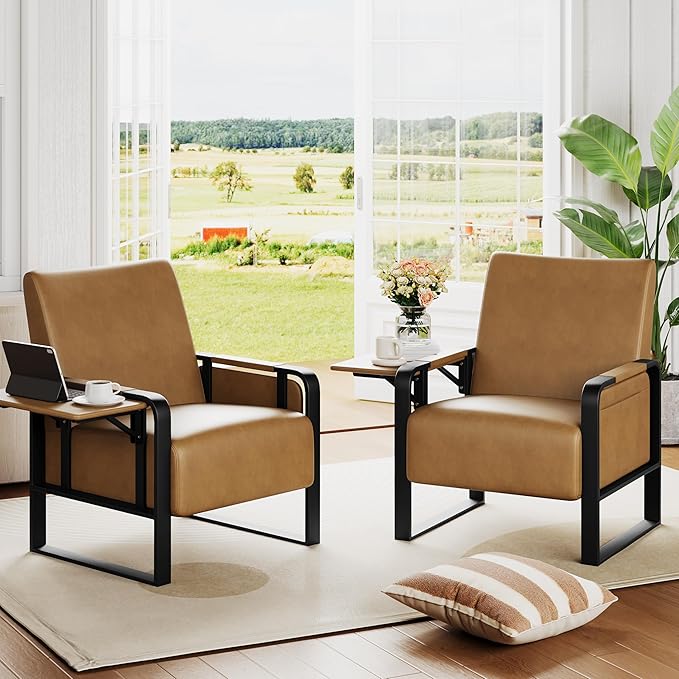 Andeworld Modern Accent Chair Mid Century Living Room Armchair Upholstered PU Sofa Side Chair with Side Table for ReadingWorkingOfficeApartmentBrown