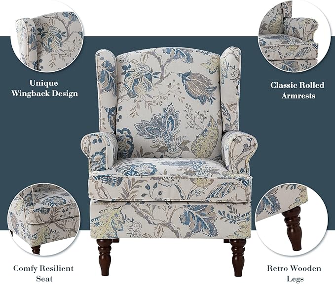 HULALA HOME Wingback Accent Chairs Set of 2 with Retro Wood Legs Traditional Fabric Armchairs for Living Room Bedroom Comfy Upholstered Sofa Chairs Reading Chairs with Unique Pattern Design Blue