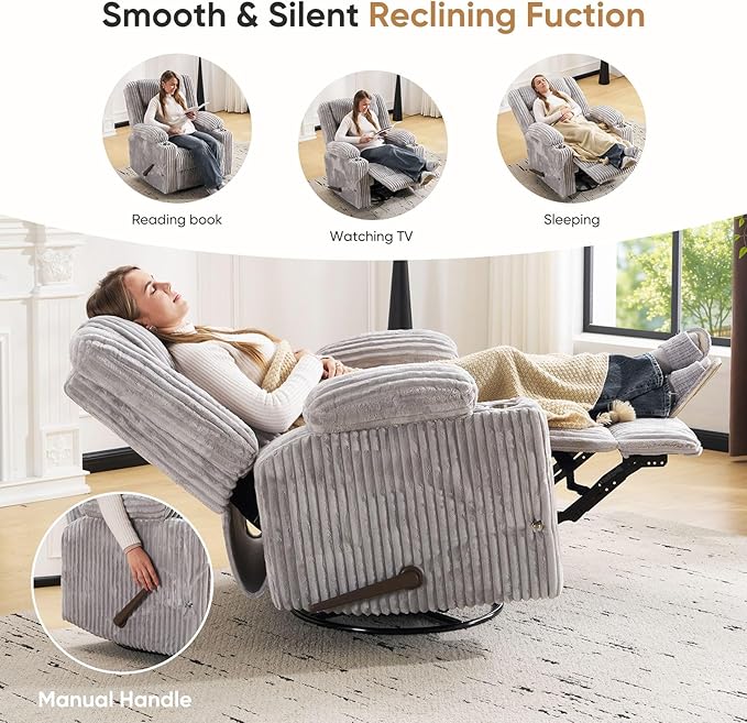 Oversized Manual Recliner Chair with Arm StorageSwivel Rocker Recliner Chair for Adults with Adjustable HeadrestNursery Glider Recliner with Phone Stand and Side Pockets for Living RoomLight Grey