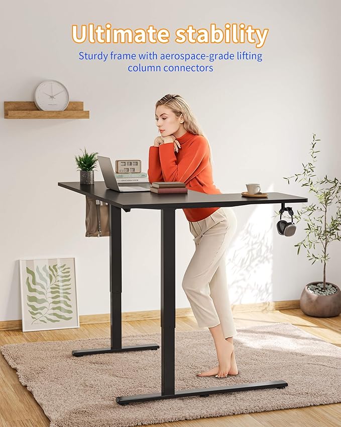 YIHAYO Reversiable L-Shaped Electric Standing Desk 55 Inches Adjustable Height Corner Desk Sit and Stand Up for Work Office Home Computer Table with Splice Board Black