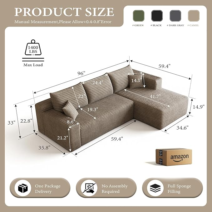 96''Sectional Couches for Living RoomModern Modular Sectional SofaUpholstered Boneless Couch Comfy Cloud Couch with L Shaped Chaise (Camel Upgrade-96''W Right Facing Chaise)