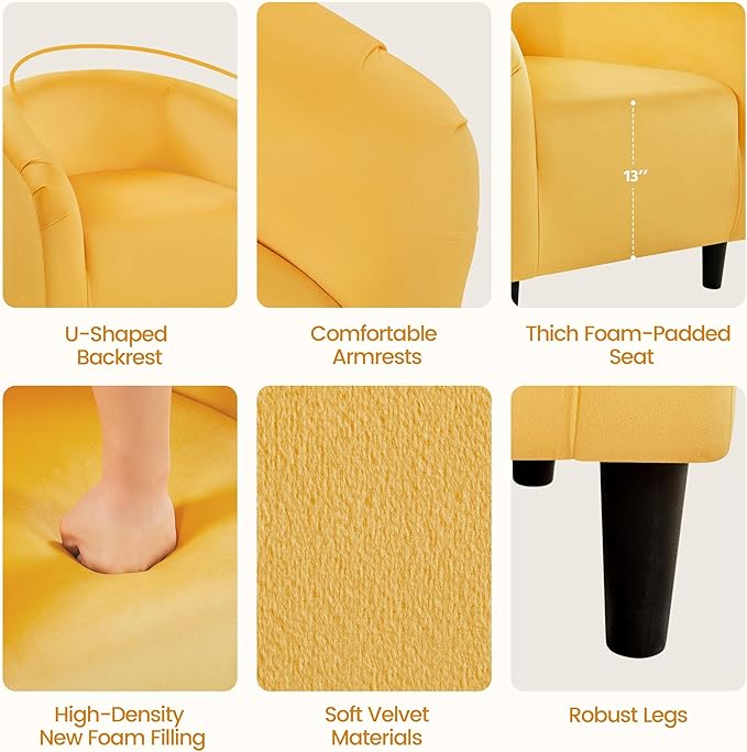 Yaheetech Accent Barrel Chair Velvet Club Chair Furry Sherpa Elegant Armchair with Cozy Soft Padded Suitable for Living Room Bedroom Reception Room Office Yellow