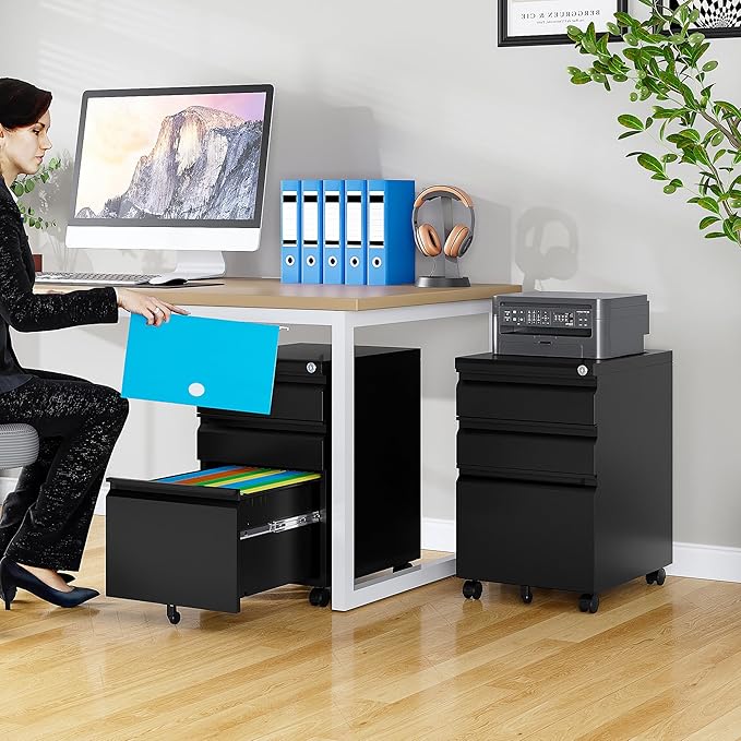 3 Drawer File Cabinet with LockUnder Desk File Cabinet with WheelsBlack Rolling Filing CabinetsThree Drawer Metal Filing Cabinet for Home OfficeFit A4/Letter/Legal File- Assembly Required
