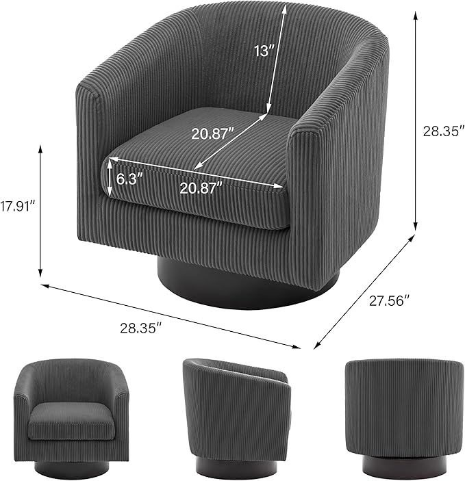 Lumibee Swivel Accent Barrel Chairs Upholstered Comfy Swivel Round Barrel Chair 360° Rotation Single Sofa Club Armchair for Living Room Reading Room Bedroom Corduroy Grey