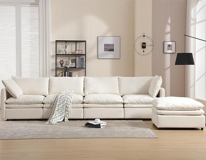kevinplus 129.92'' Modular Sectional Sofa Couch with Convertible Ottoman for Living Room Modern Contemporary 4-Seat L-Shape U-Shape Upholstered Sofa Couch Free Combination Polyester Fabric Beige