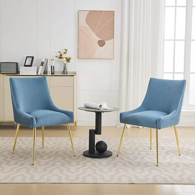 Velvet Dining Chairs Set of 6 Gold LegsUpholstered Velvet Accent Chairs Pleated Back Design &amp Gold Pull Handle Mid Century Modern Chairs for Dining/Kitchen/Living RoomLight Blue
